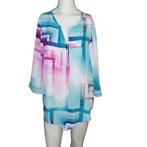 CHAUS NEW YORK  Multi Geometric Quarter Sleeves Front Zip Blouse T